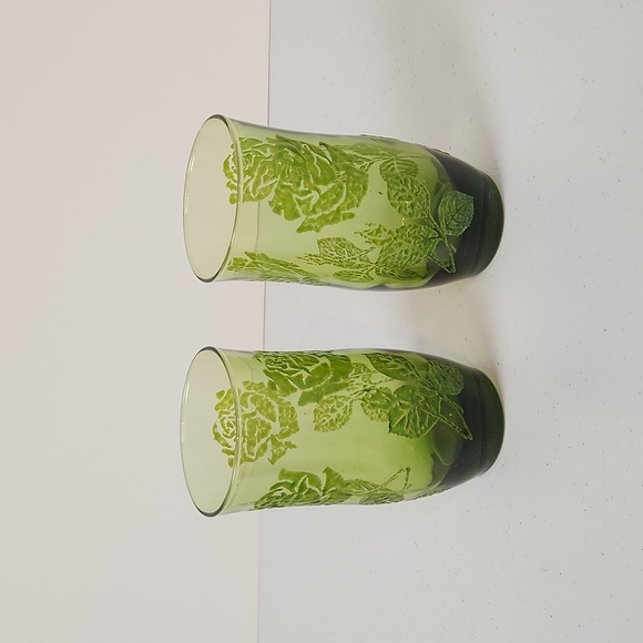 Vintage 1950s Avocado Green Raised Leaf High Ball Tumblers Glasses MCM Roses - Picture 5 of 6